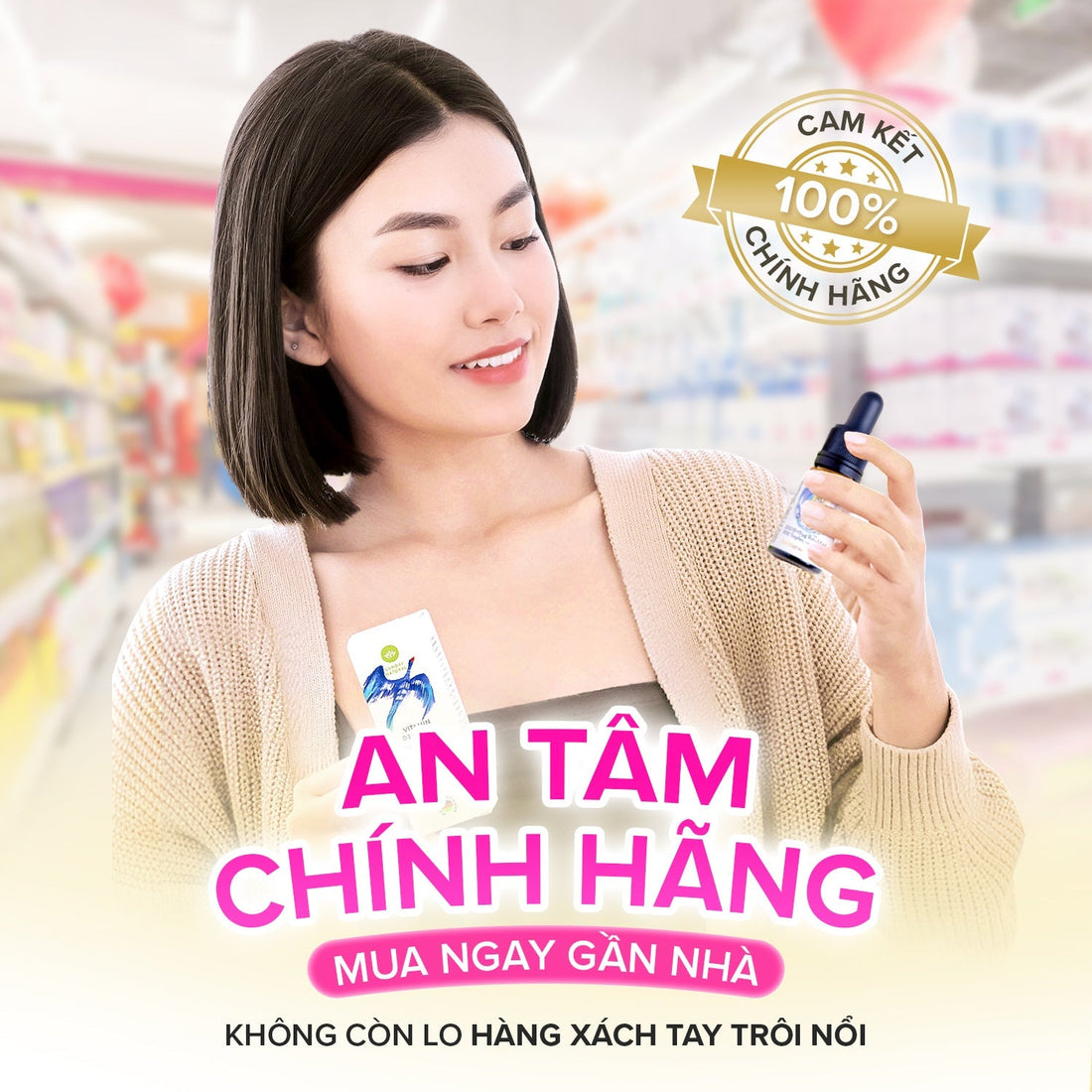 Woman holding Vitamin D3K2 supplement bottle in store, 100% authentic guarantee, safe for kids and adults
