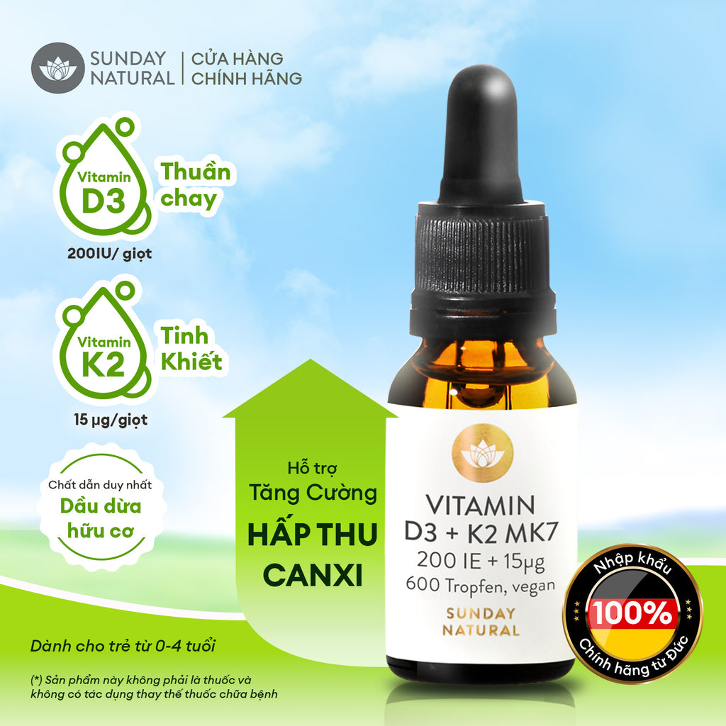 TPBVSK VITAMIN D3 + K2 MK7 200 IU + 15µg cho trẻ, THUẦN CHAY, 600 giọt, 20ml