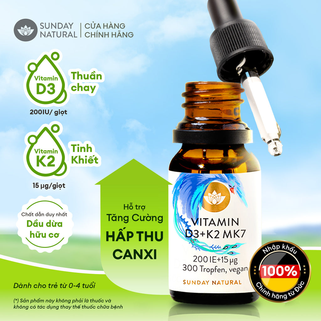 TPBVSK VITAMIN D3 + K2 MK7 200 IU + 15µg cho trẻ, THUẦN CHAY, 300 giọt, 10ml